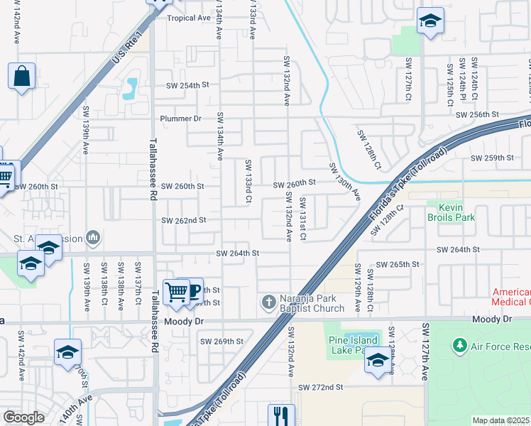map of restaurants, bars, coffee shops, grocery stores, and more near 26171 Southwest 132nd Place in Homestead