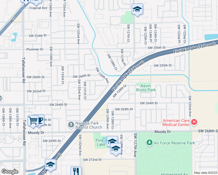 map of restaurants, bars, coffee shops, grocery stores, and more near 26141 Southwest 130th Avenue in Homestead
