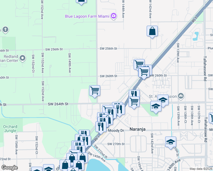map of restaurants, bars, coffee shops, grocery stores, and more near 14460 Southwest 260th Street in Homestead