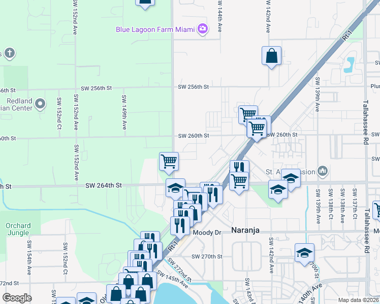 map of restaurants, bars, coffee shops, grocery stores, and more near 14460 Southwest 260th Street in Homestead
