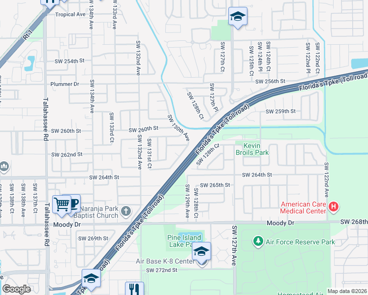 map of restaurants, bars, coffee shops, grocery stores, and more near 26141 Southwest 130th Avenue in Homestead