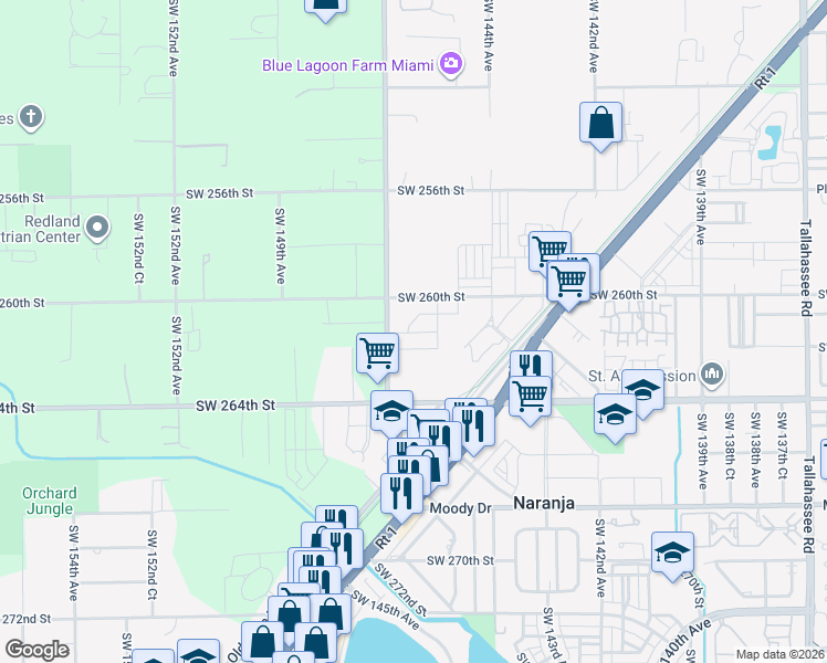 map of restaurants, bars, coffee shops, grocery stores, and more near 26355 Southwest 147th Avenue in Naranja