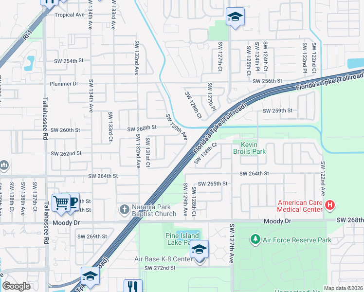 map of restaurants, bars, coffee shops, grocery stores, and more near 26141 Southwest 130th Avenue in Homestead