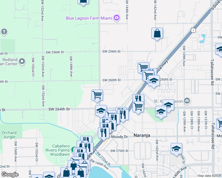 map of restaurants, bars, coffee shops, grocery stores, and more near 14460 Southwest 260th Street in Homestead