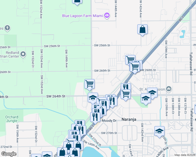 map of restaurants, bars, coffee shops, grocery stores, and more near 26355 Southwest 147th Avenue in Naranja