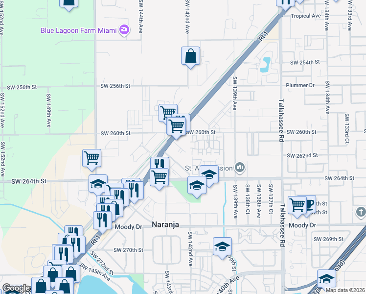 map of restaurants, bars, coffee shops, grocery stores, and more near 26073 South Dixie Highway in Homestead