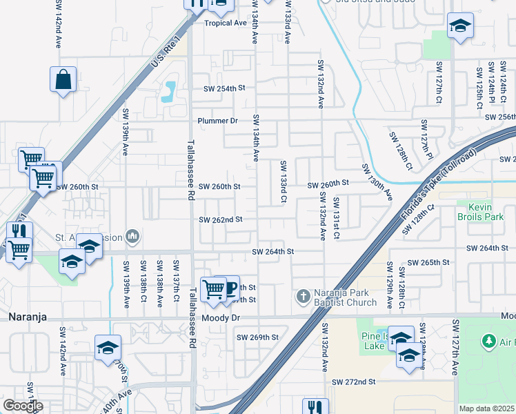 map of restaurants, bars, coffee shops, grocery stores, and more near 13412 Southwest 261st Lane in Homestead
