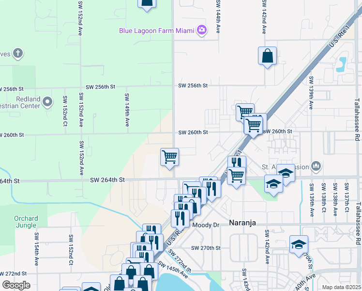 map of restaurants, bars, coffee shops, grocery stores, and more near 26355 Southwest 147th Avenue in Naranja