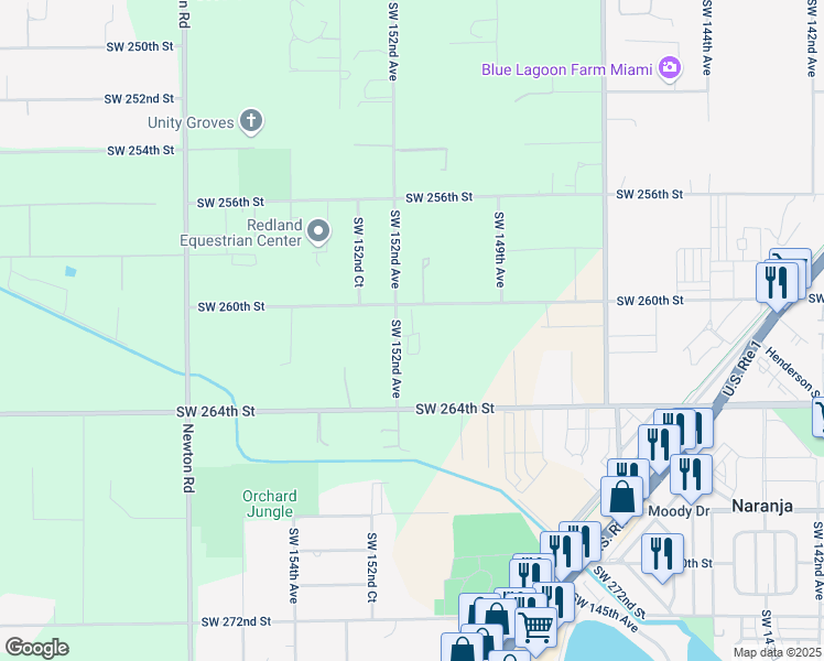 map of restaurants, bars, coffee shops, grocery stores, and more near 15100 Southwest 260th Street in Homestead