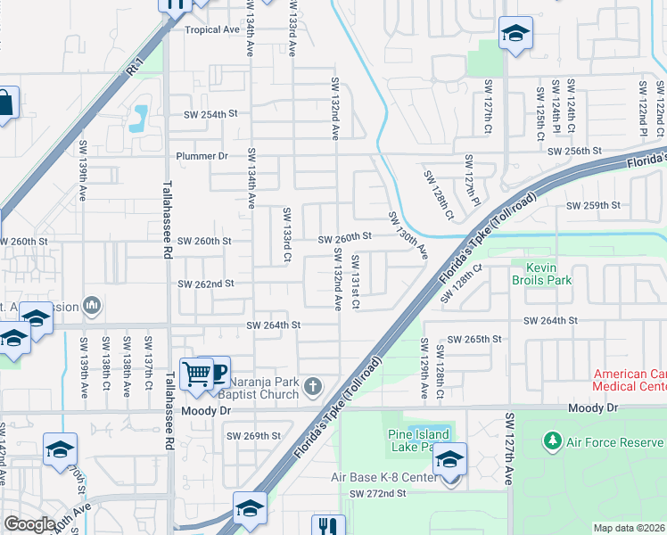 map of restaurants, bars, coffee shops, grocery stores, and more near 13200 Southwest 262nd Street in Homestead