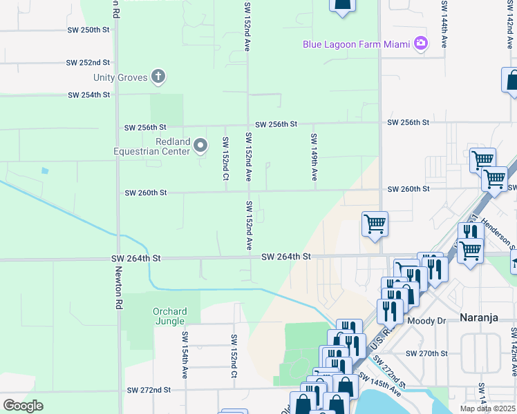 map of restaurants, bars, coffee shops, grocery stores, and more near 15100 Southwest 260th Street in Homestead