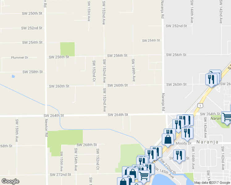 map of restaurants, bars, coffee shops, grocery stores, and more near 15100 Southwest 260th Street in Homestead