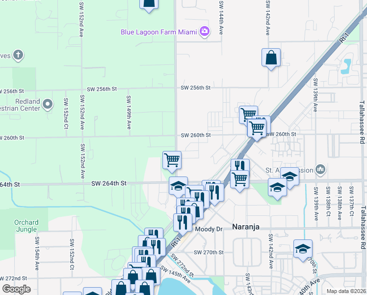 map of restaurants, bars, coffee shops, grocery stores, and more near 26355 Southwest 147th Avenue in Naranja