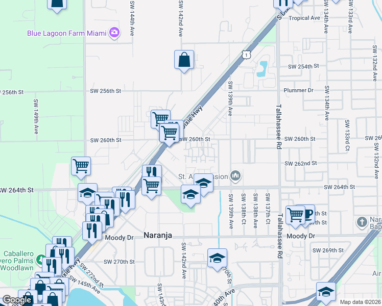 map of restaurants, bars, coffee shops, grocery stores, and more near 14130 Southwest 260th Street in Homestead