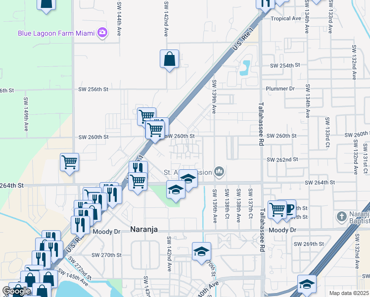 map of restaurants, bars, coffee shops, grocery stores, and more near 14130 Southwest 260th Street in Homestead