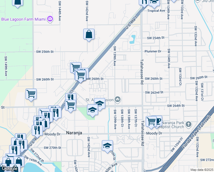 map of restaurants, bars, coffee shops, grocery stores, and more near SW 140th Ct in Naranja