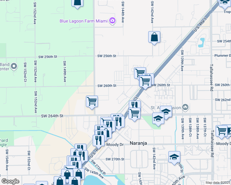 map of restaurants, bars, coffee shops, grocery stores, and more near 26255 Southwest 144th Avenue in Homestead