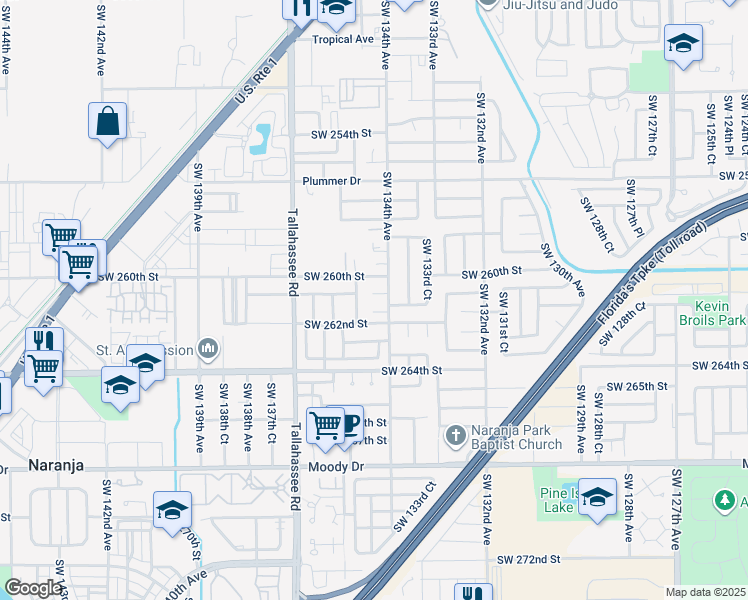 map of restaurants, bars, coffee shops, grocery stores, and more near 13412 Southwest 261st Lane in Homestead