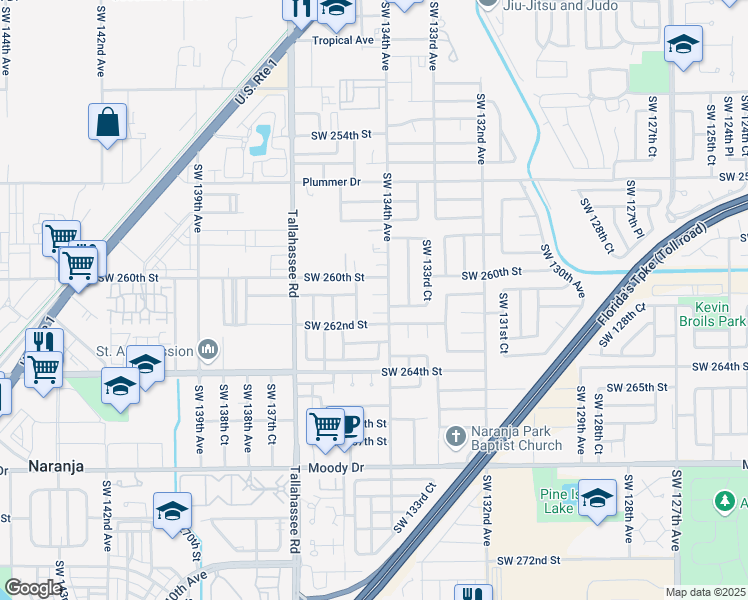 map of restaurants, bars, coffee shops, grocery stores, and more near 13412 Southwest 261st Lane in Homestead