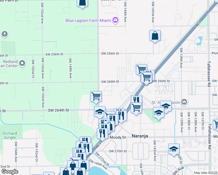 map of restaurants, bars, coffee shops, grocery stores, and more near 14460 Southwest 260th Street in Homestead