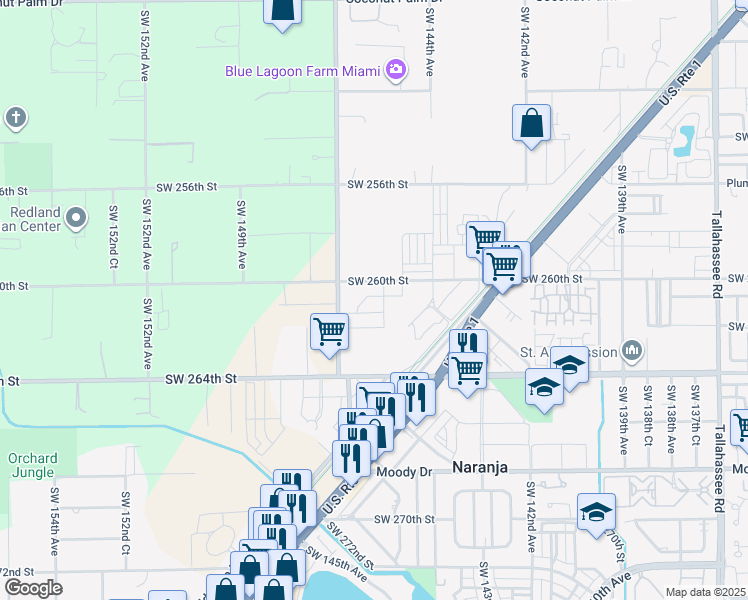 map of restaurants, bars, coffee shops, grocery stores, and more near 14460 Southwest 260th Street in Homestead