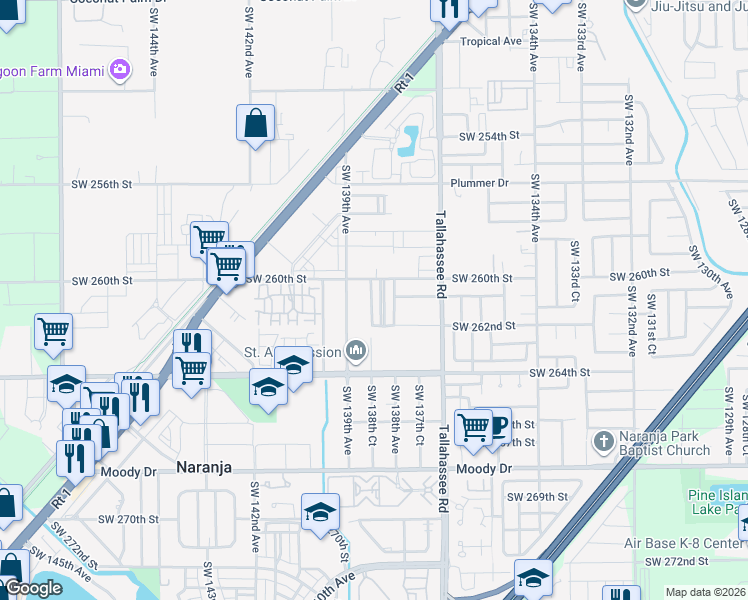 map of restaurants, bars, coffee shops, grocery stores, and more near 26063 Southwest 138th Court in Homestead