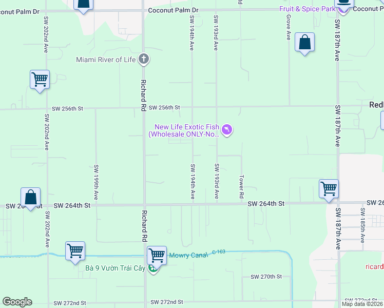map of restaurants, bars, coffee shops, grocery stores, and more near 26100 Southwest 194th Avenue in Homestead