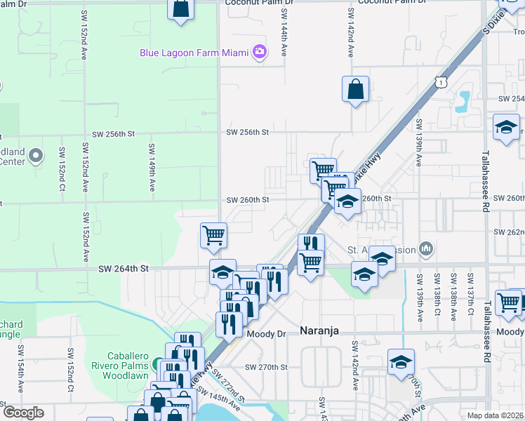 map of restaurants, bars, coffee shops, grocery stores, and more near 14505 Southwest 260th Street in Homestead