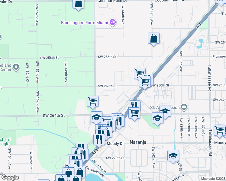 map of restaurants, bars, coffee shops, grocery stores, and more near 14505 Southwest 260th Street in Homestead