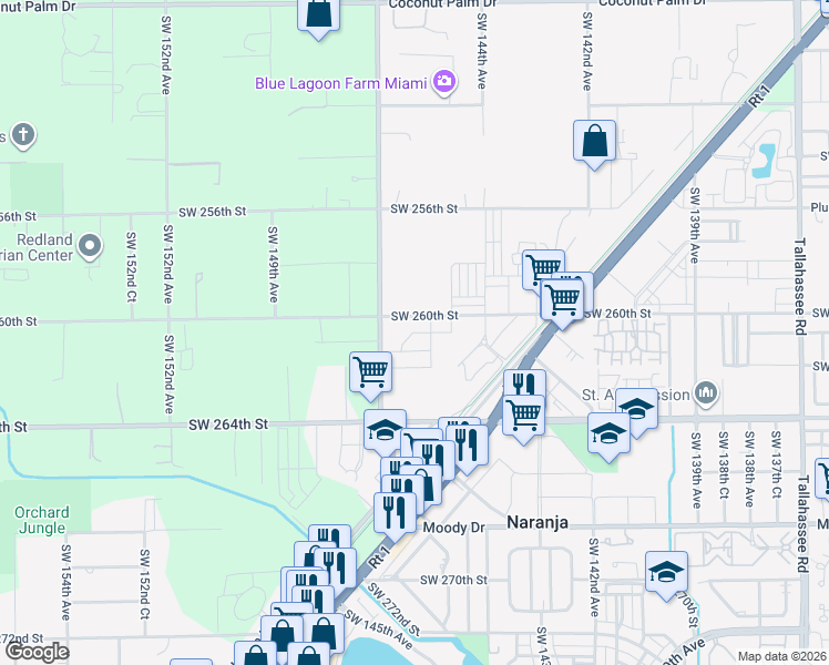 map of restaurants, bars, coffee shops, grocery stores, and more near 14505 Southwest 260th Street in Homestead