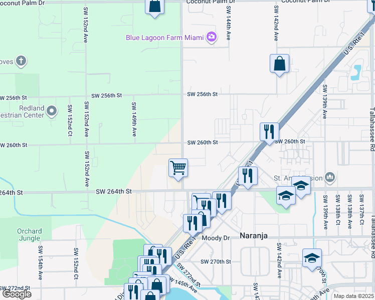 map of restaurants, bars, coffee shops, grocery stores, and more near 26000 Southwest 147th Avenue in Homestead
