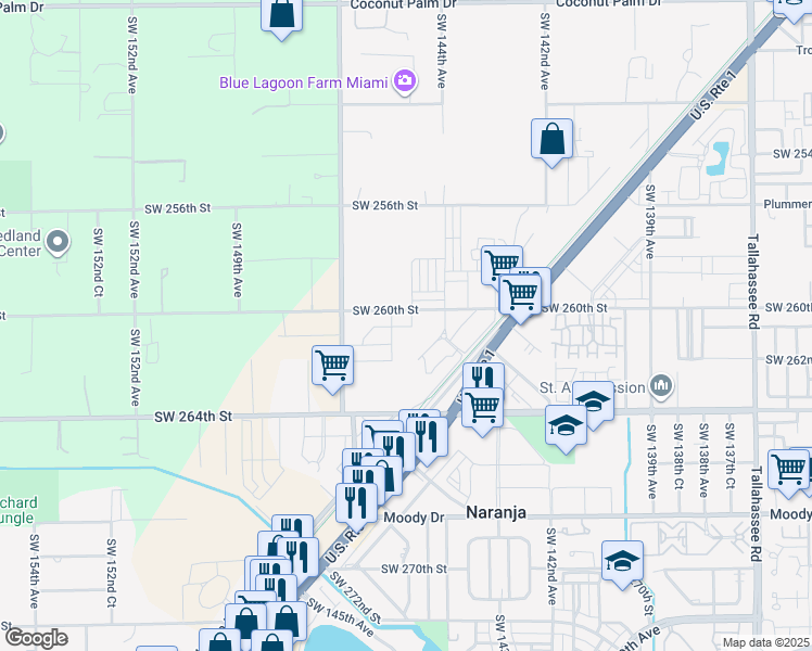 map of restaurants, bars, coffee shops, grocery stores, and more near 14505 Southwest 260th Street in Homestead