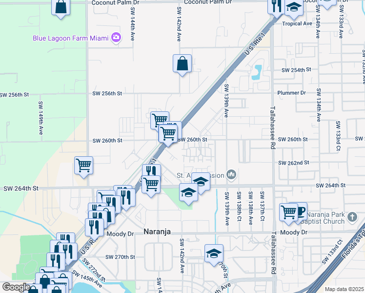 map of restaurants, bars, coffee shops, grocery stores, and more near 14211 Southwest 260th Street in Naranja