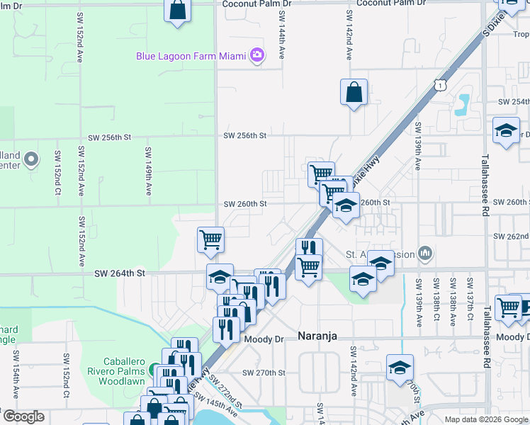 map of restaurants, bars, coffee shops, grocery stores, and more near 26000 Southwest 144th Avenue in Princeton