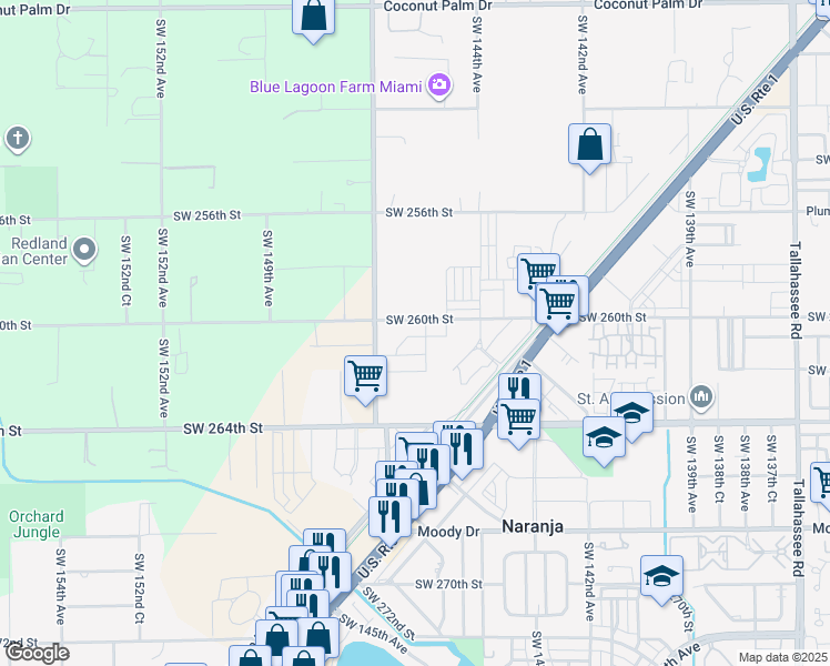 map of restaurants, bars, coffee shops, grocery stores, and more near 14505 Southwest 260th Street in Homestead