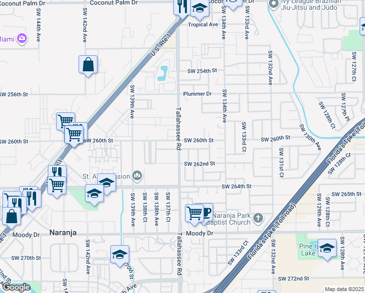 map of restaurants, bars, coffee shops, grocery stores, and more near 13681 Southwest 260th Lane in Homestead