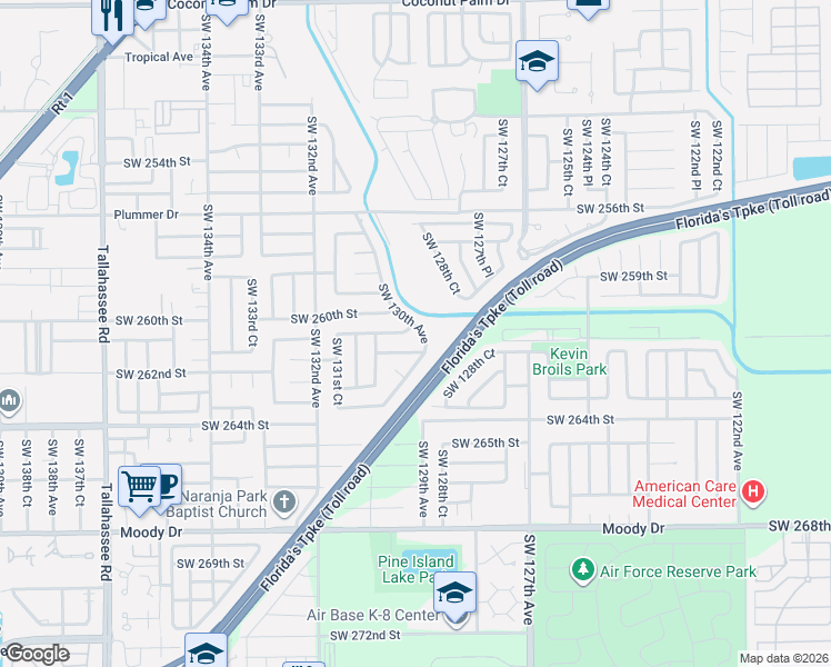 map of restaurants, bars, coffee shops, grocery stores, and more near 26041 Southwest 130th Avenue in Homestead