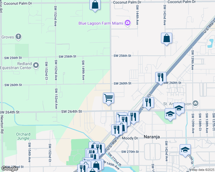 map of restaurants, bars, coffee shops, grocery stores, and more near 26000 Southwest 147th Avenue in Homestead
