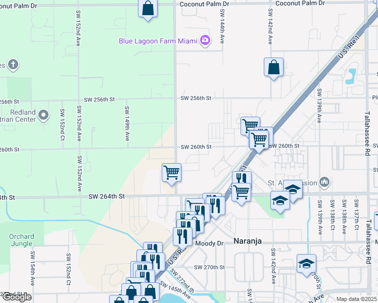 map of restaurants, bars, coffee shops, grocery stores, and more near 26000 Southwest 147th Avenue in Homestead