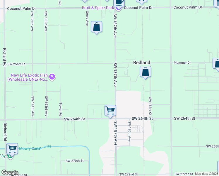 map of restaurants, bars, coffee shops, grocery stores, and more near 25850 Southwest 187th Avenue in Homestead