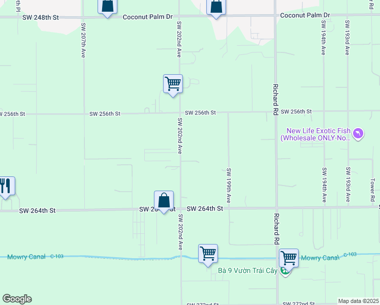 map of restaurants, bars, coffee shops, grocery stores, and more near 20150 Southwest 256th Street in Homestead