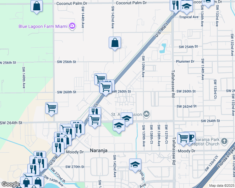 map of restaurants, bars, coffee shops, grocery stores, and more near 14211 Southwest 260th Street in Naranja