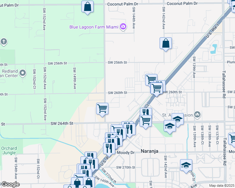 map of restaurants, bars, coffee shops, grocery stores, and more near 14505 Southwest 260th Street in Homestead
