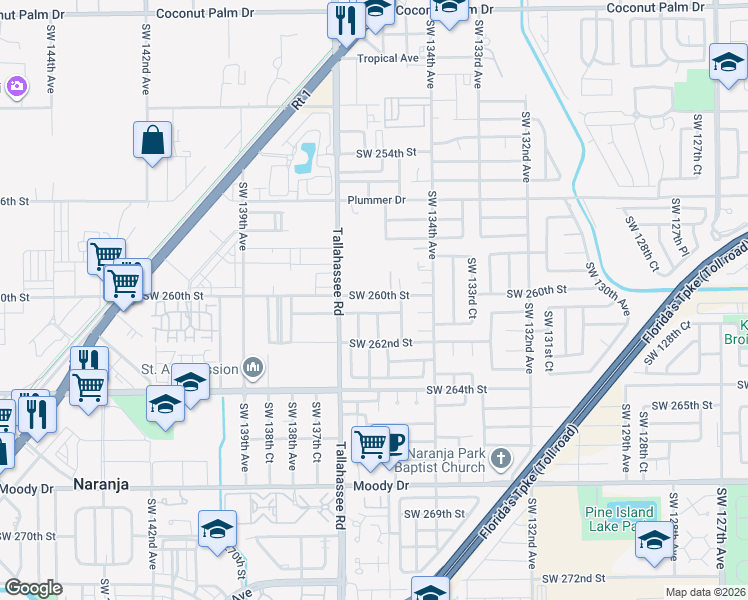 map of restaurants, bars, coffee shops, grocery stores, and more near 13520 Southwest 260th Street in Homestead