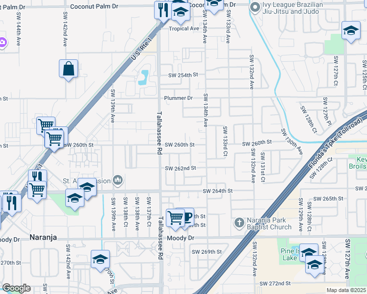map of restaurants, bars, coffee shops, grocery stores, and more near 13480 Southwest 260th Street in Homestead