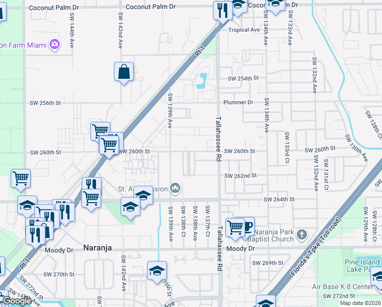 map of restaurants, bars, coffee shops, grocery stores, and more near 26001 Southwest 138th Court in Homestead