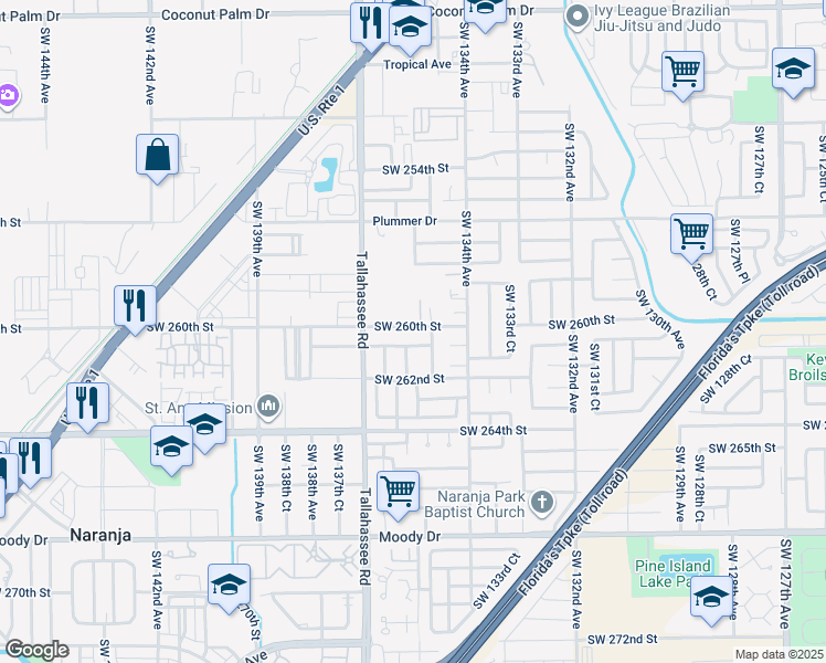 map of restaurants, bars, coffee shops, grocery stores, and more near 13480 Southwest 260th Street in Homestead