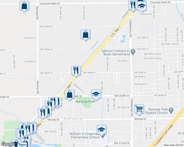 map of restaurants, bars, coffee shops, grocery stores, and more near 14050 Southwest 260th Street in Homestead