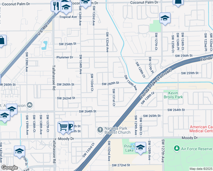 map of restaurants, bars, coffee shops, grocery stores, and more near 13200 Southwest 260th Street in Homestead