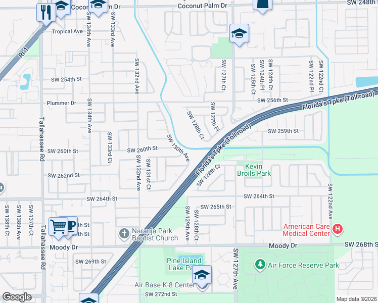 map of restaurants, bars, coffee shops, grocery stores, and more near 26041 Southwest 130th Avenue in Homestead